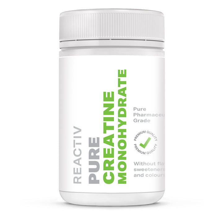 White container of Reactiv Supplements Pure Creatine Monohydrate Powder on a white background