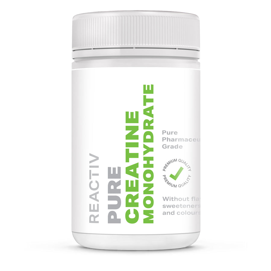 White container of Reactiv Supplements Pure Creatine Monohydrate Powder on a white background