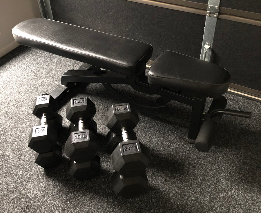 Home Based Workout Equipment, Hex Dumbbells, and Adjustable Weight Bench.